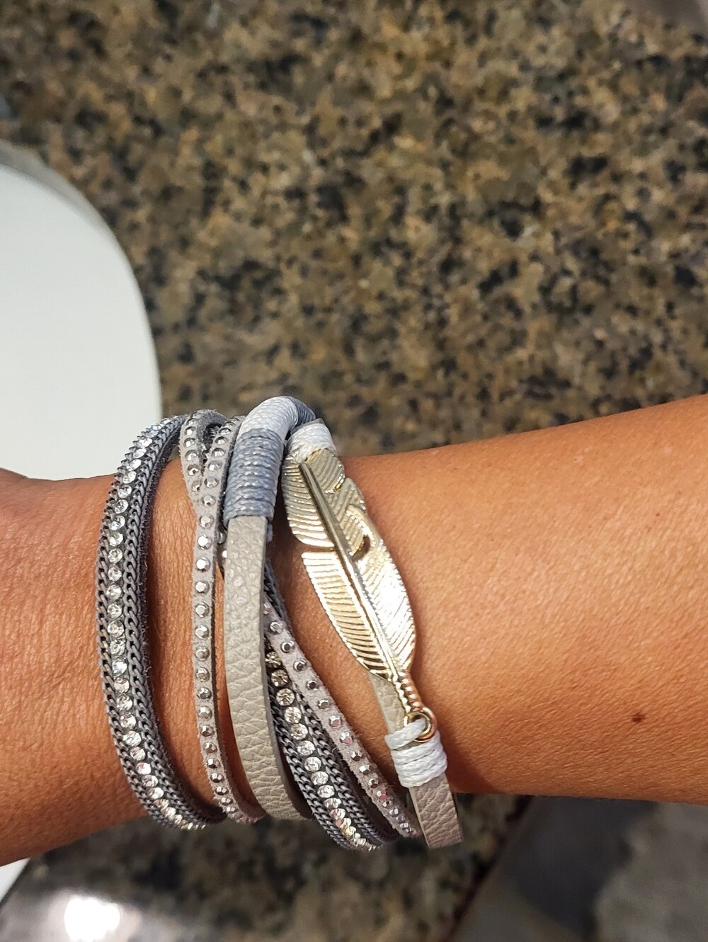 Layered Silver and Light Gray Wrap Bracelet with Feather Accent